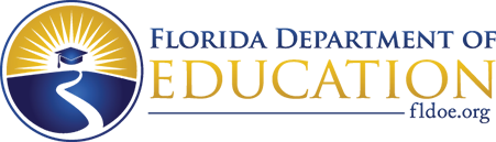 Graphic logo of the Florida department f education with road, sun and graduation cap.