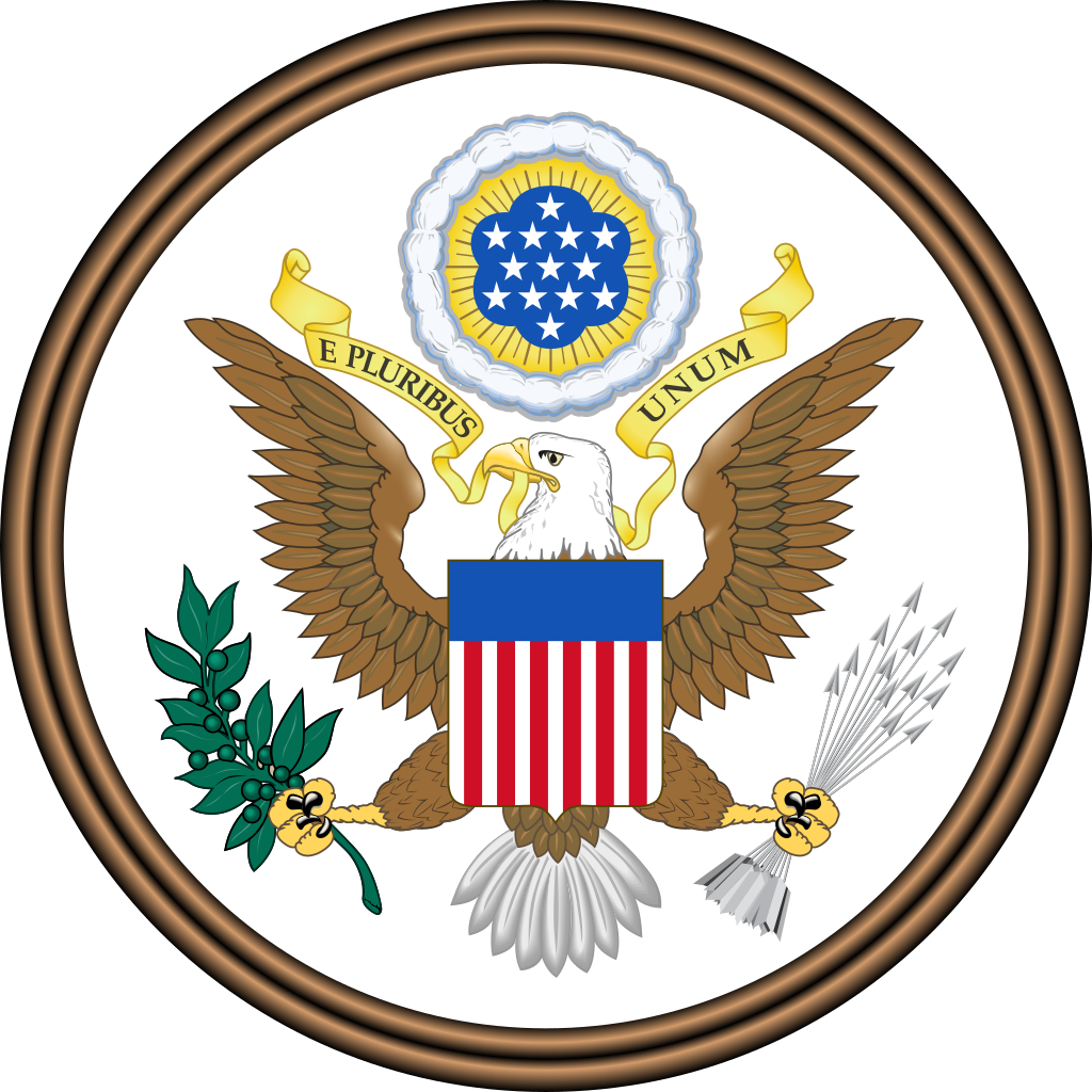 Great seal of the United States with eagle holding plant in one foot and arrows in the other foot. Cloud circle holding a pattern of stars is above.